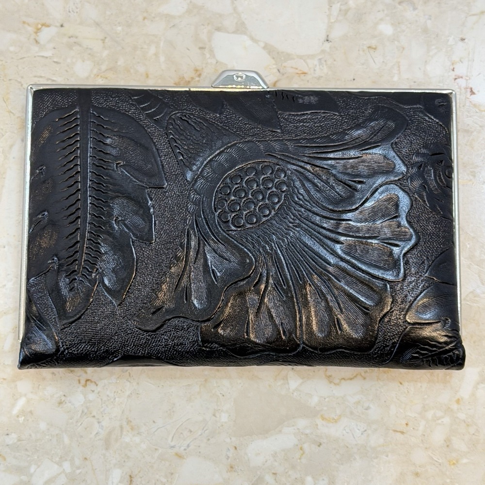 Vtg Lodis Black Tooled Leather Framed Wallet 5 x 3 in CC Slots Tri Fold